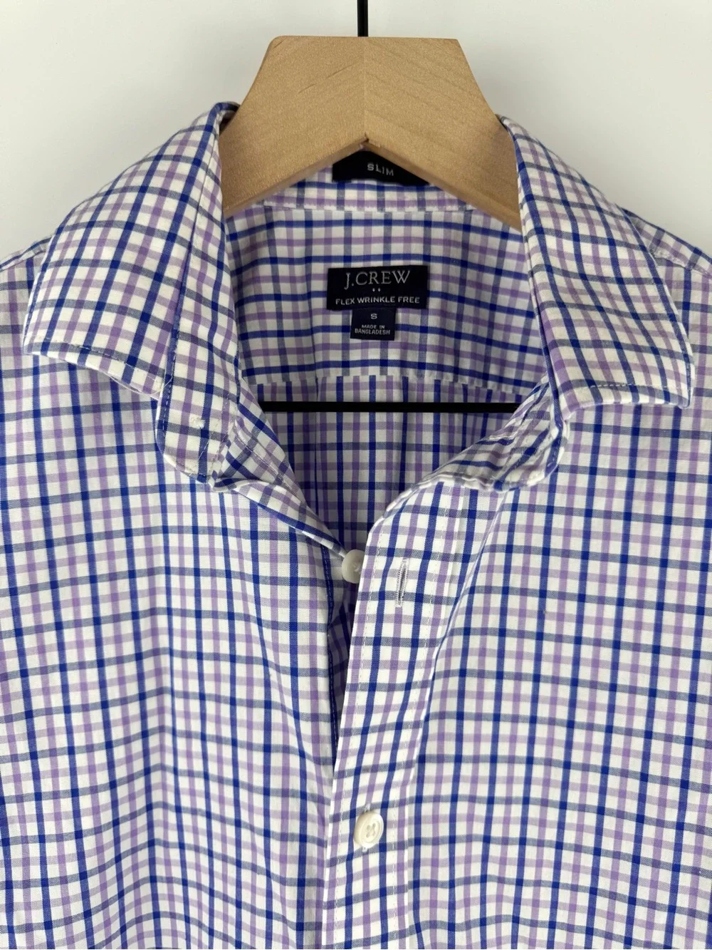 J Crew Men’s Plaid Gingham Button Up Flex Wrinkle Free Small Purple Blue Preppy